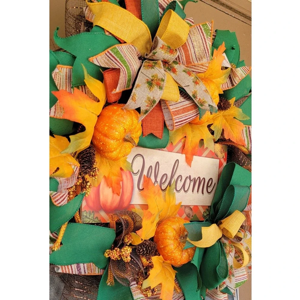 Fall Welcome Wreath Pumpkin Maple Leaf Berries Harvest Decor 23 Inch Handmade